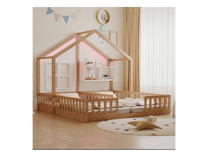 i@home Kinderbett Freistehendes Doppelbett, 90 × 200 cm, Hausdesign mit LED-Beleuchtung, Sicherheitsgeländer und Ablageflächen
