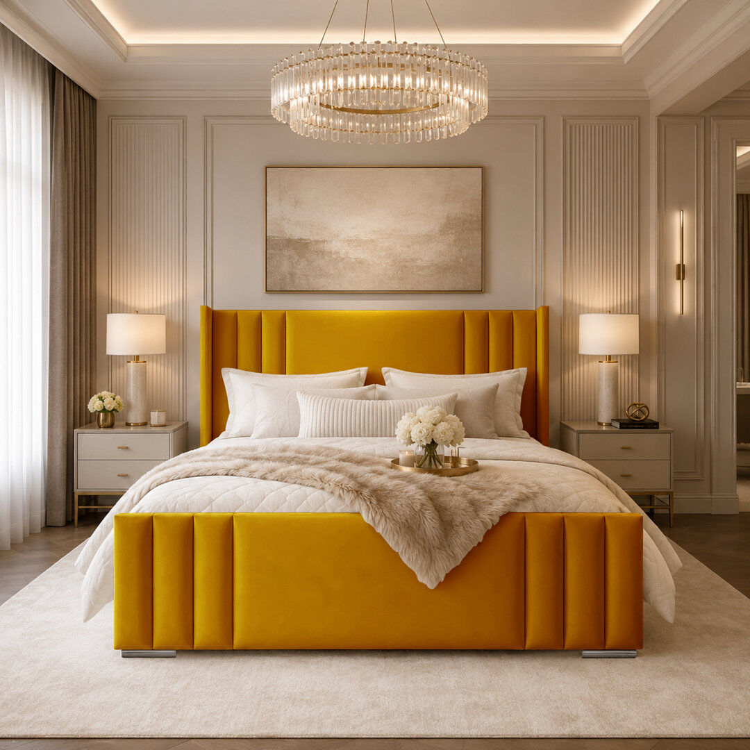 Canora Grey Upholstered Velvet Bed Turmeric Double (4'6)
