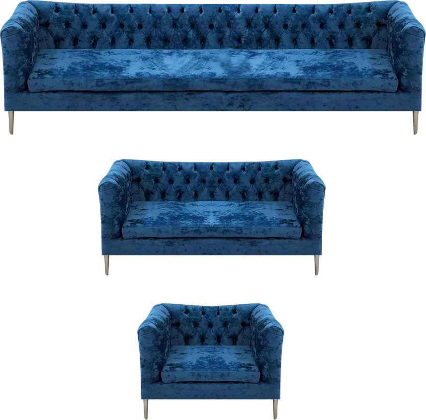 3-delige moderne Chesterfield woonkamerset in blauwe textiel stof
