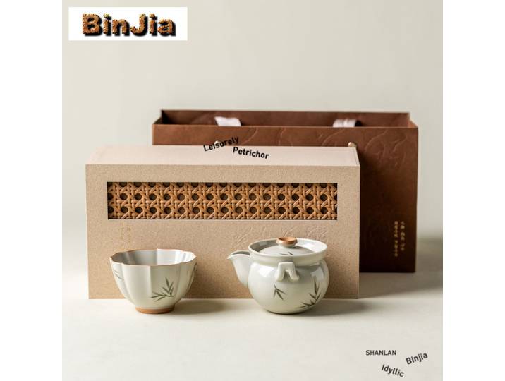 Service à thé en feuilles de bambou peint à la main, ensemble complet de cérémonie du thé Boutique, théière et tasses à thé, fournitures de service à thé chinois, cadeau
