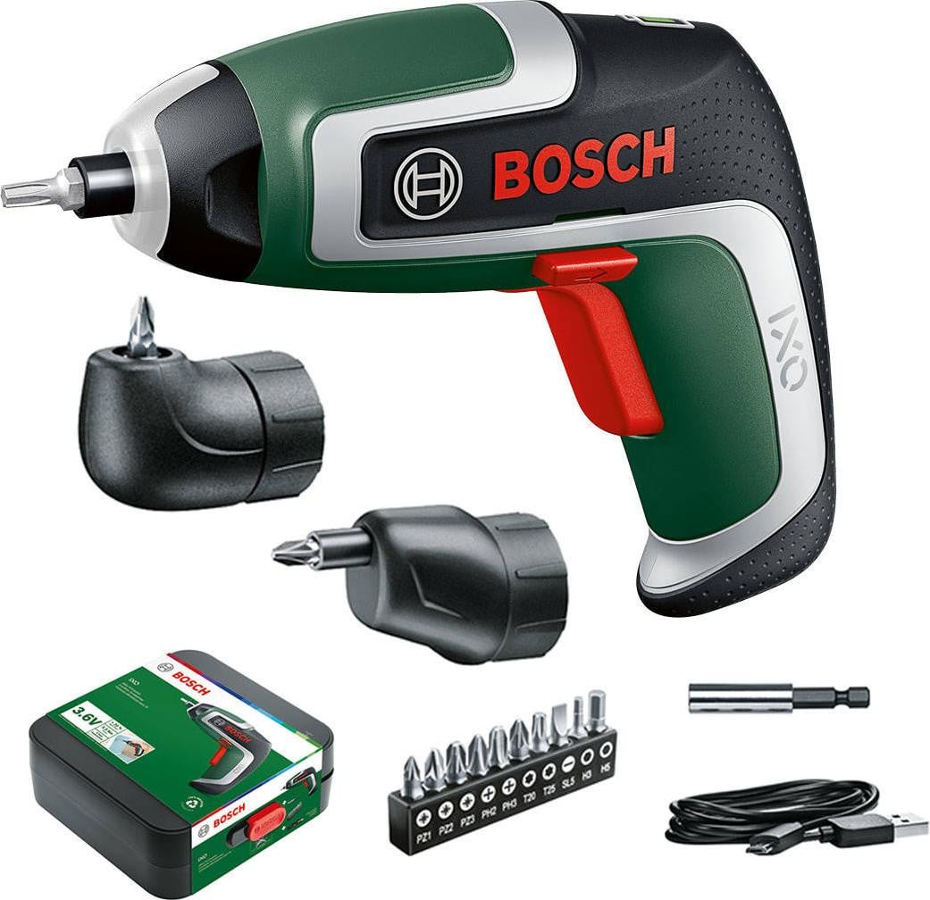 Bosch IXO compacte accuschroefboormachine 7e generatie, 3,6 V, 2,0 Ah, inclusief hoek- en near-edge adapter, microUSB-kabel en transportkoffer