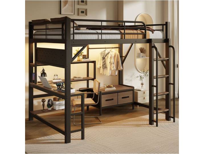 VUENOR Lit mezzanine 140 x 200 cm noir – bureau étagères 2 tiroirs LED et USB sans matelas