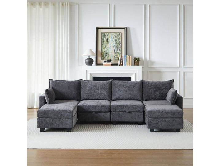 Canapé modulable 6 modules convertible avec rangements gris Maisentiel