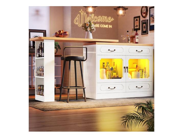 i@home Bartisch Ausziehbarer Bartisch mit Stauraum und LED-Beleuchtung, Schwarz/Weiß (1x Bartisch), 360° Drehfunktion, Platzsparend und flexibel
