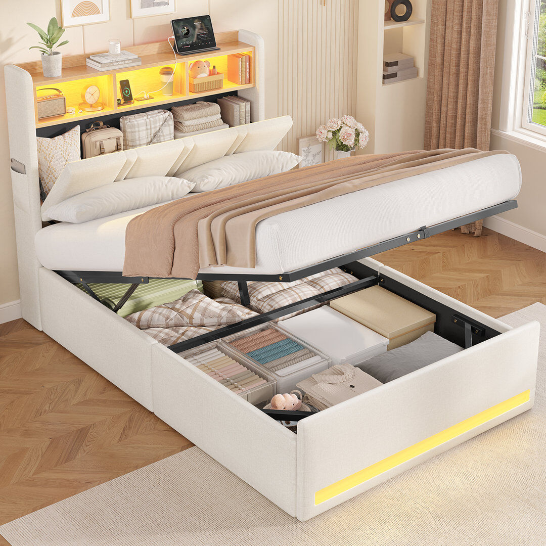 17 Stories Annalysse 90x190 cm Single Bed with Lift-up Storage, Adjustable LED lights, Charging station, Open shelving Beige Single-90x190 cm