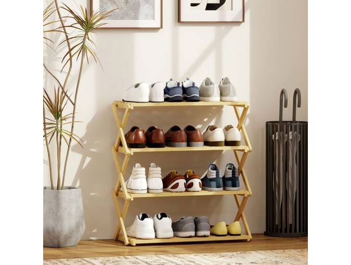 Étagère à chaussures étroite en bambou 4 niveaux pliable sans installation naturel