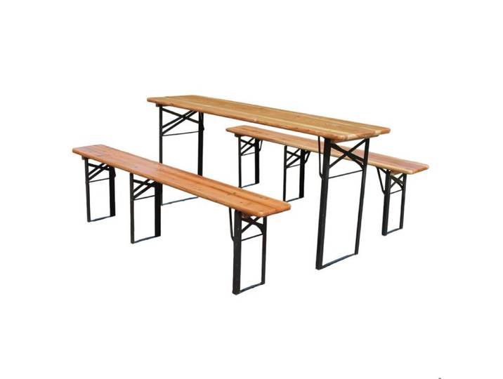 WUVRIE Ensemble table et bancs de jardin pliant 177 cm 1 table + 2 bancs pin massif et métal naturel