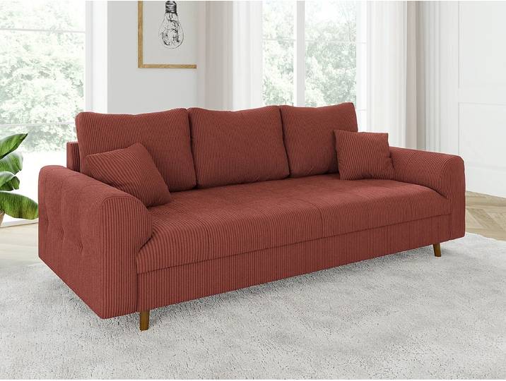 S-Style Möbel Maya - Sofa 3 sitzer mit Braun Holzfüßen im skandinavischen Stil aus Cord-Stoff - Terrakotta