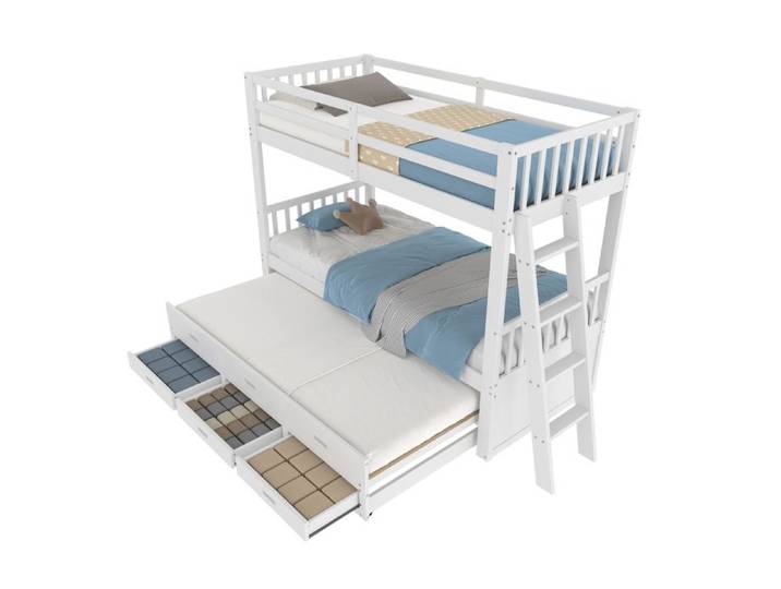 VLIVRA Lit superposé 3 places avec lit gigogne 3 tiroirs et barrière 90×200 cm et 90×182 cm - sans matelas - Blanc