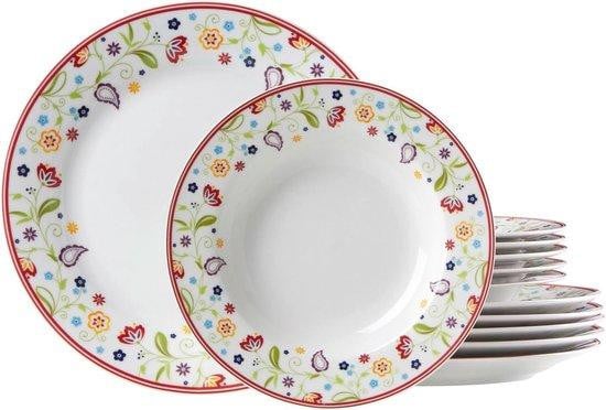 12-delig wit porseleinen diner servies met bloemenmotief voor volwassenen