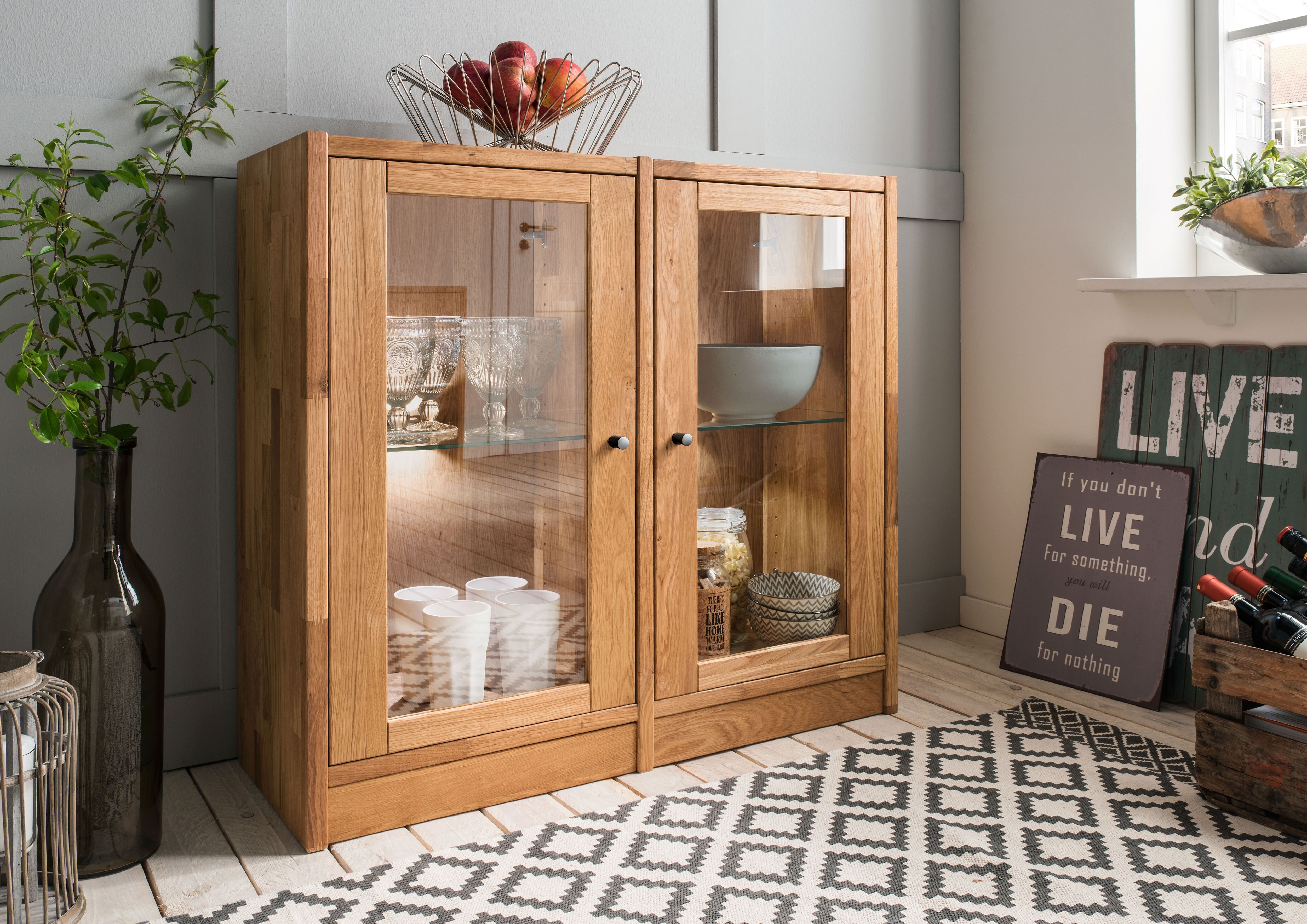 Standvitrine HOME AFFAIRE "Ecko, vielseitig als Bücher-, Wohn- oder Aufbewahrungsregal einsetzbar", beige (naturfarben), B:92cm H:87cm T:34cm, Massivholz, Schränke, Standvitrine, Modulares Regalsystem mit vielseitigen Gestaltungsmöglichkeiten naturfarben 