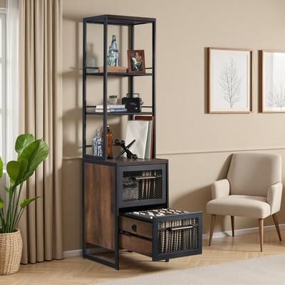 ZWYO HOSIMU 71.97in Metal+MDF Narrow Bookcase with 2 Adjustable Shelves & 2 Drawers, Storage Cabinet with Safety Interlock & Modern Design