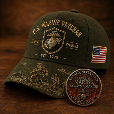 LightInthebox U.S. Marine Veteran Semper Fidelis Commemorative Cap, Embroidered Military Veteran Baseball Hat with American Flag Patch, Adjustable Patriotic Cap for Men, Includes Honor Coin Gift