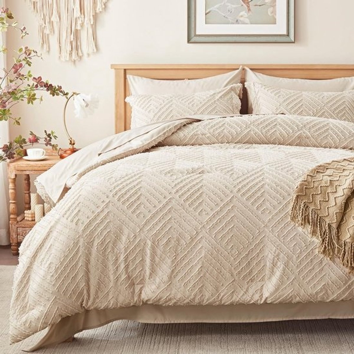 Luxe 7-delige beige getufte bedtextielset voor alle seizoenen