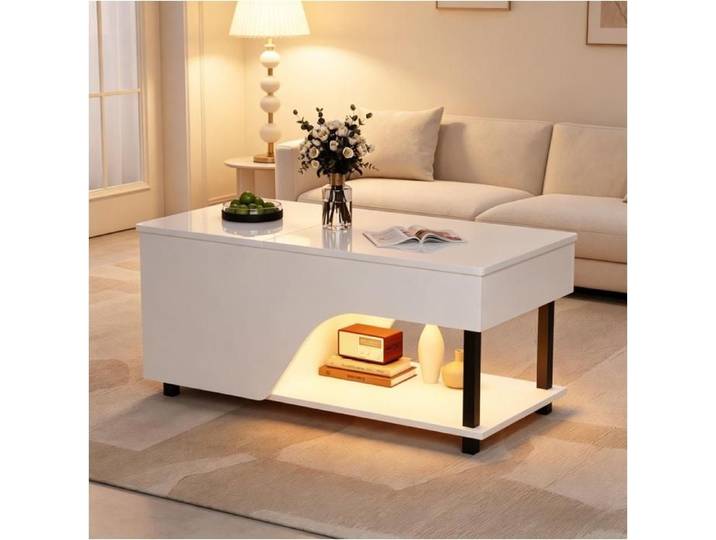 Table Basse Blanche 100x50cm Hauteur Modulable LED Laqué Brillant rangement caché et étagère latérale salon