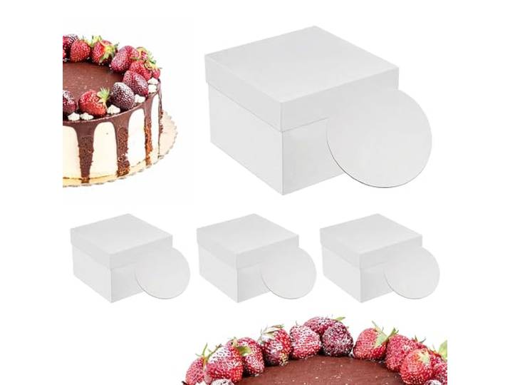 Relaxdays Lot de 4 boîtes à gâteaux avec disques\, carton blanc 30 x 30 x 30 cm\, hautes\, mariage\, anniversaire