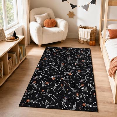 ROSE Washable Halloween Skeleton Area Rug, Non-Slip Chenille Holiday Floor Mat