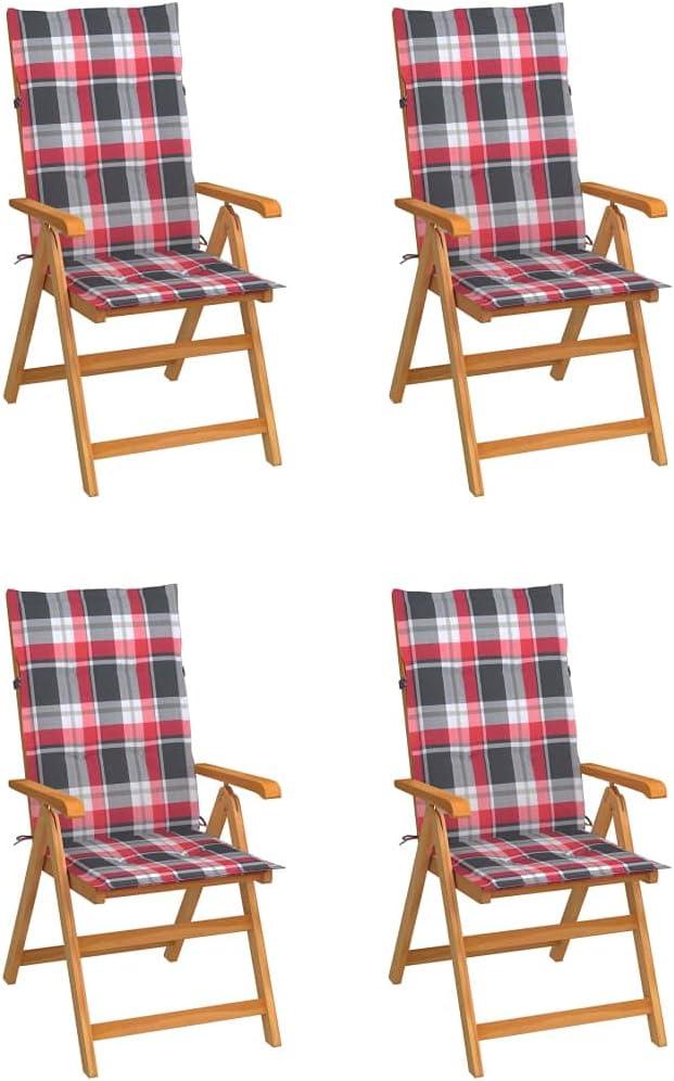 Gartenstühle 4 STK. Rote Karomuster-Kissen Massivholz Teak,Möbel,Gartenmöbel,Gartensitzmöbel,Gartenstühle,29.81KG,3065543