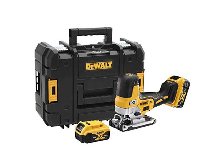 DeWalt Scie Sauteuse à Prise par le Corps Brushless XR 18V 5 Ah -DCS335P2-QW\, Scie sans Fil avec Coffret TSTAK\, 2 Batteries et Chargeur\, Courses à Vide 3200cps/min