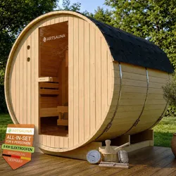 Artsauna Fasssauna Spitzbergen 220 - 6 Personen, 8 kW Ofen, Zubehör - Fichtenholz Sauna