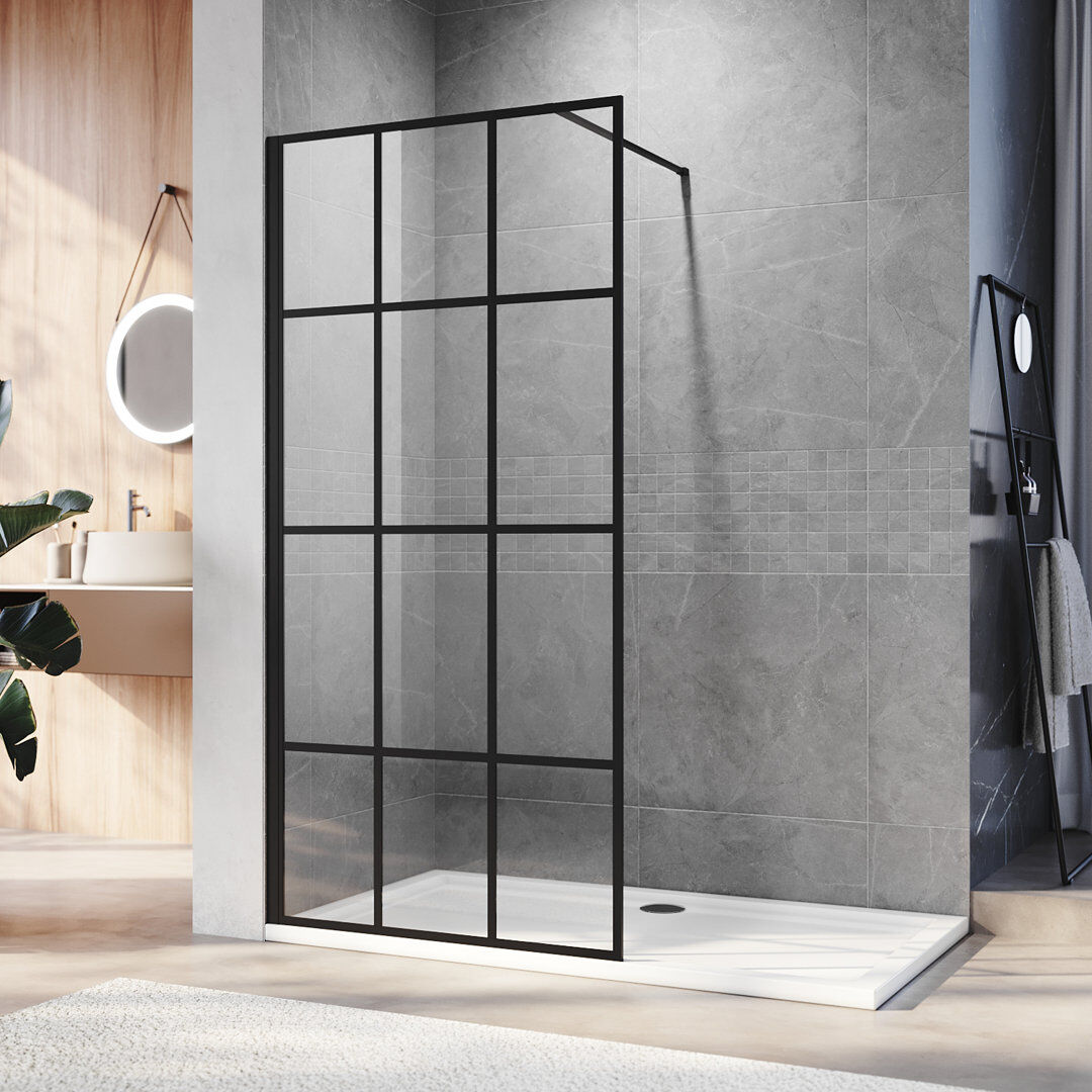 Belfry Bathroom Walk in Shower Enclosure with 8mm Half Frosted Easy Clean Safety Glass Black 890 mm