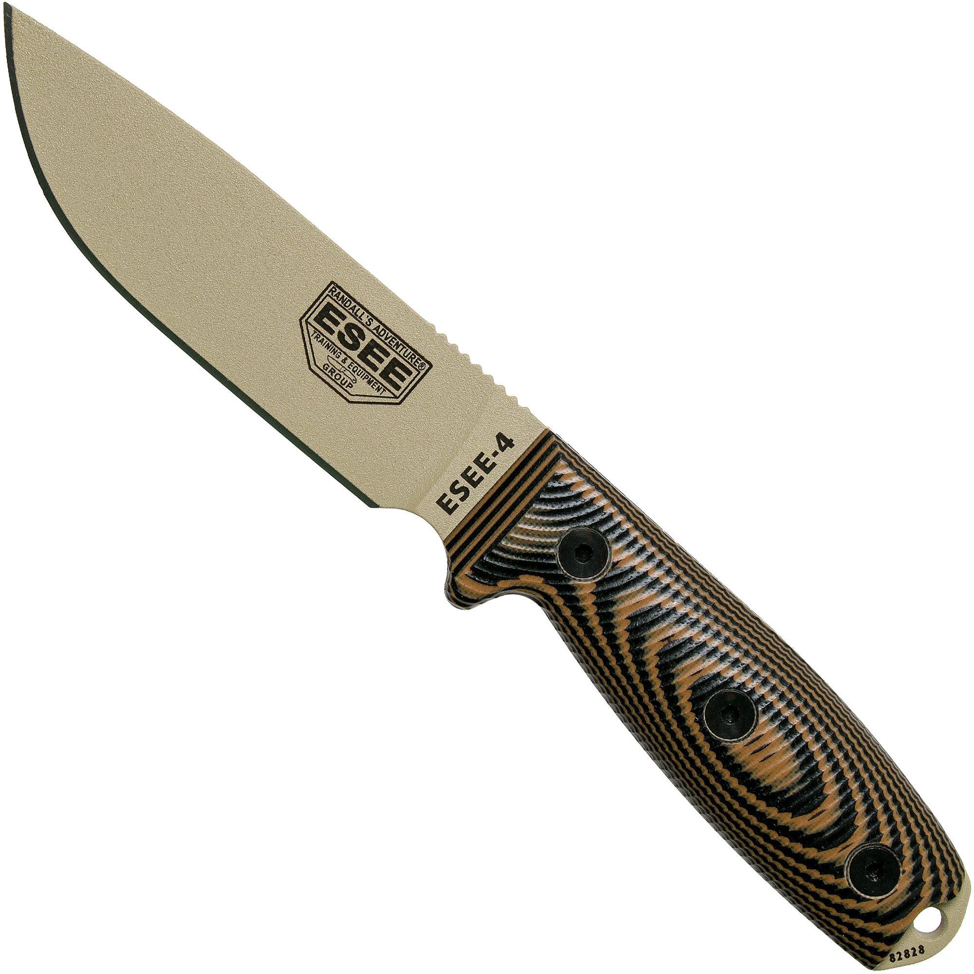 ESEE Knives ESEE Model 4 Desert Tan Klinge 3D Kojoten-Schwarzes G10 Survivalmesser 4PDT-005 schwarze Scheide + Gürtelclip