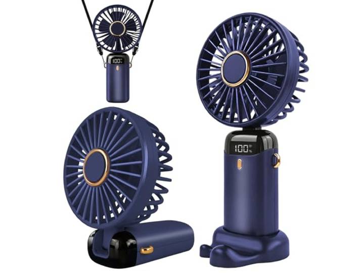 Jsdoin Draagbare handventilator, draagbare draagbare USB oplaadbare ventilatoren met 5 snelheden, batterijgevoede mini-ventilator, opvouwbare bureauventilatoren met LED-display voor thuiskantoor,