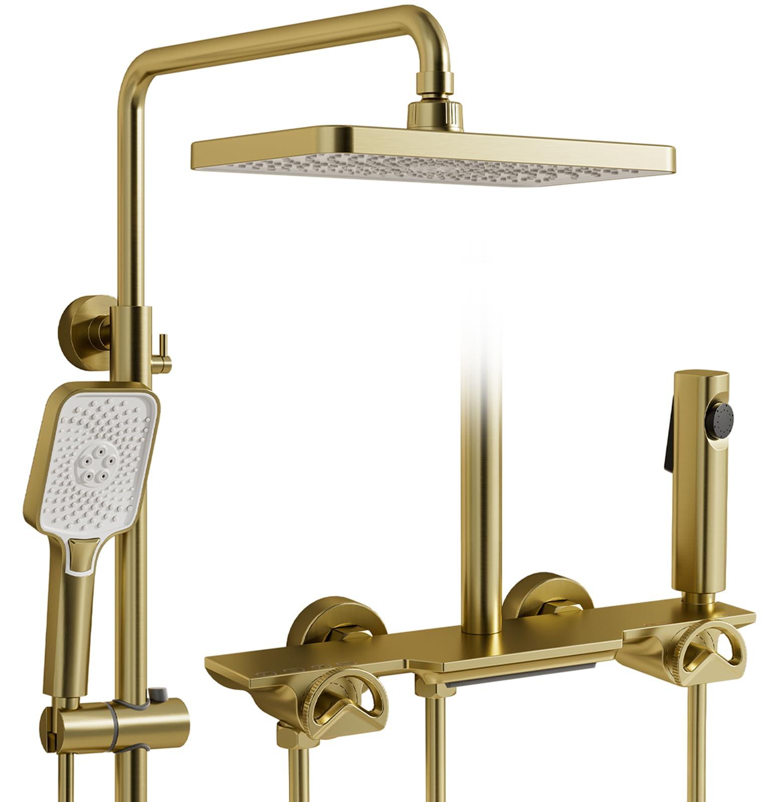4-in-1 Duschsystem, gebürstetes Gold, Regenbrause 300x180 mm