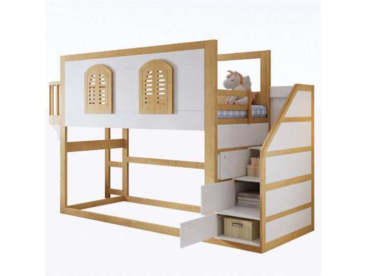 Modenvie Hochbett 90/200 cm aus Kiefer und MDF mit Treppenschrank und Spielfläche Weiß/Natur, Naturfarben, Holz, 90x200 cm, Babymöbel & Kindermöbel, Kinderzimmer & Jugendzimmer, Kinderbetten, Hochbetten