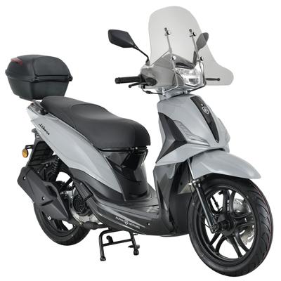 Motorroller ALPHA MOTORS "Motorroller Libero 125 ccm 90 km/h 16" inkl. Topcase und Windschild", grau (grau, schwarz, schwarz), Motorroller, 90 km/h, B:74cm H:119cm L:199,5cm