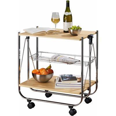 Servierwagen WENKO "Modell Dinett Deluxe", silber (ahornfarben, silberfarben), B:68cm H:70cm T:41cm, MDF, Rollwagen, Servierwagen, Küchenwagen mit 2 Ablagen und Korb, 4 Rollen, zusammenklappbar
