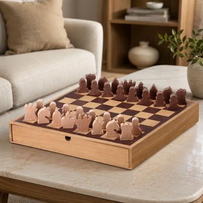 "American Art Decor Wood Chess & Checkers Board Game Set with Drawer Tabletop Decor - 2.5"" H x 16"" L x 16"" D"