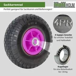 Baumarktplus 4x Sackkarrenrad Luftrad 260x85 mm 3.00-4 60 mm versetze Nabe Ø 20 mm pink robustes 4 PR Gewebe