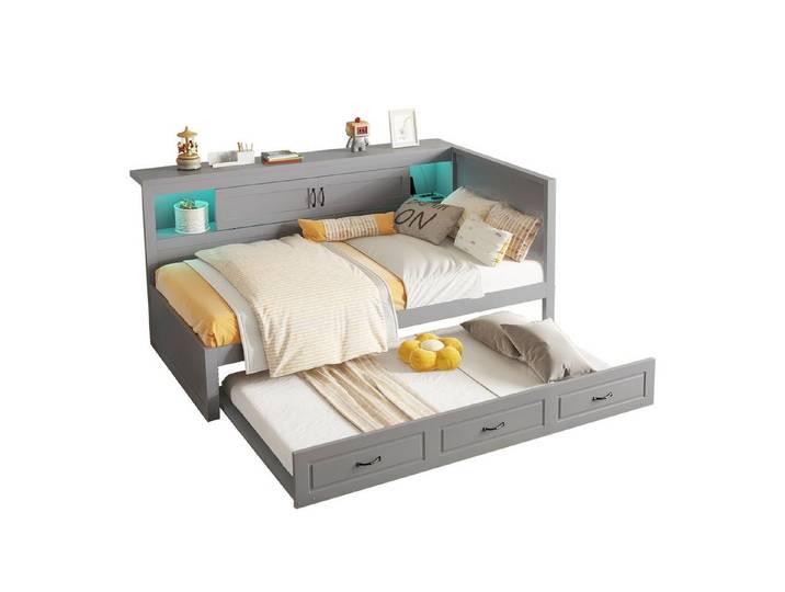 OKWISH Daybett Daybett,Tagesbett,Schlafsofa,Mit Ausziehbares Bett, Steckdose + USB (Schlafsofa,mit Fernbedienung, Ambientebeleuchtung, USB & Steckdose, Ausziehbares Bett mit Stauraum für Kinderzimmer), ohne Matratze
