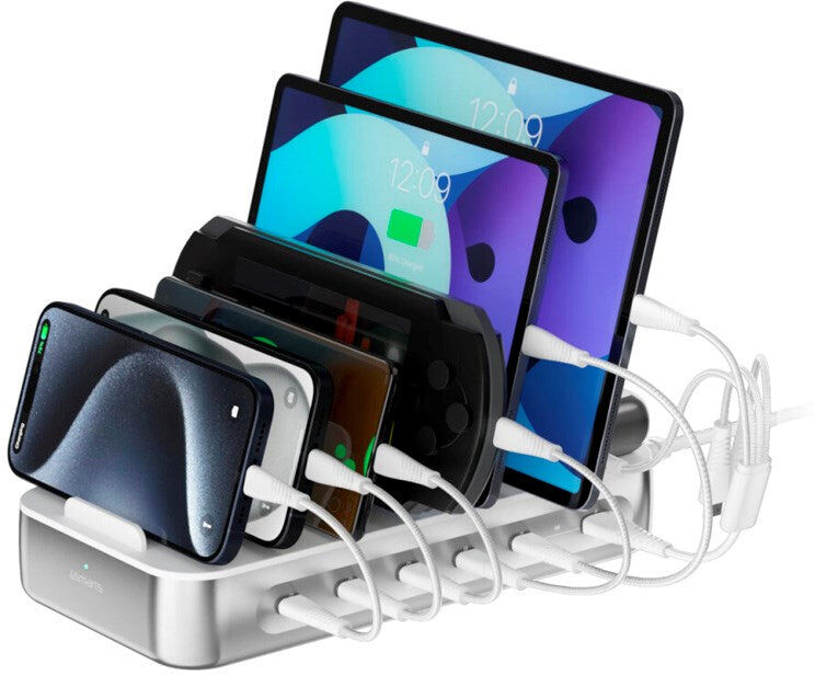 4smarts Ladestation m. 9 Opladningsmuligheder - 5x USB-C Kabel & 1x 4-i-1 Multikabel - 100W - Sølv