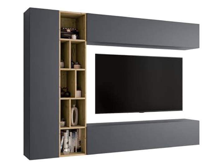 Mirjan24 Wohnwand Kodita, Anbauwand, Fernsehschrank, Schrankwand, Mediawand, Wandregal, Schrank, TV-Lowboard (Grau/Eiche Artisan)