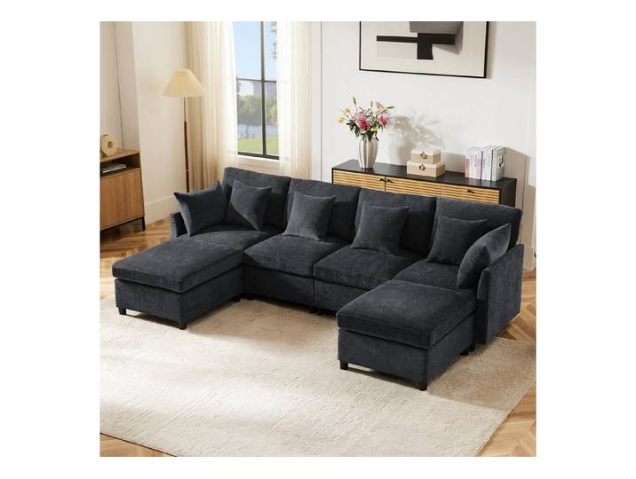 Merax Ecksofa U-förmiges Sofa aus Chenille-Stoff, 1 Teile, Modulares Couch Chenille-Sofa mit 2 abnehmbarem Fußhocker und 6 Kissen