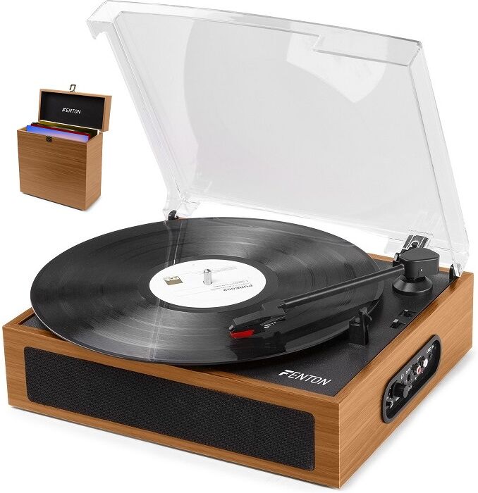 Gira Discos Bluetooth 33/45/78 RPM + Caixa de Armazenamento de Discos Vinil (Madeira Clara) - FENTON