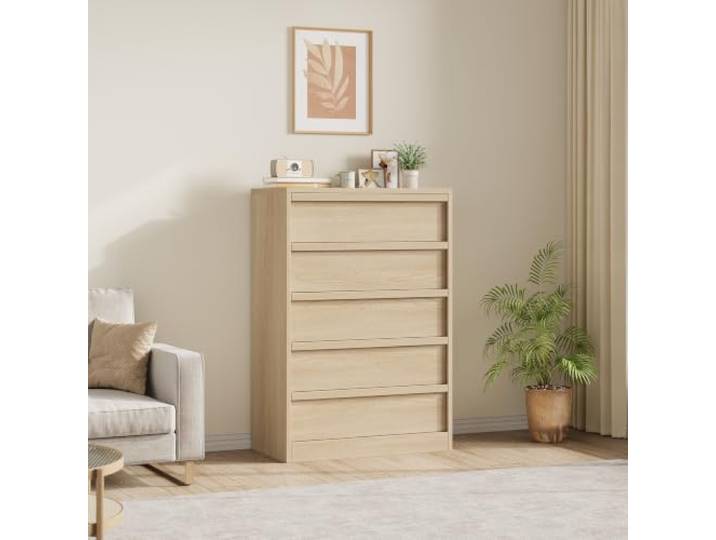 IDEALHOUSE Schmale hohe Kommode fürs Schlafzimmer - viel Stauraum - freistehend - Holz in Eiche-Optik, Goldgriffe - Farbe: Holzfarbe - 5 Schubladen
