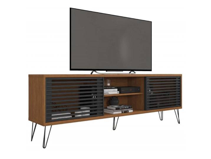 Meuble TV 72 Pouces Chêne et Noir 4 Niches 2 Portes L 180 H 65 P 33 cm - L 180 x l 33 x H 65 cm