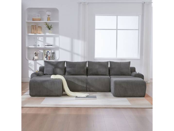 Canapé modulable - ZEVKOR - Modulable - 4 places - Tissu côtelé - Gris foncé