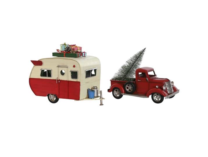 Décoration caravane de noël en acier rouge 73x19x28 cm