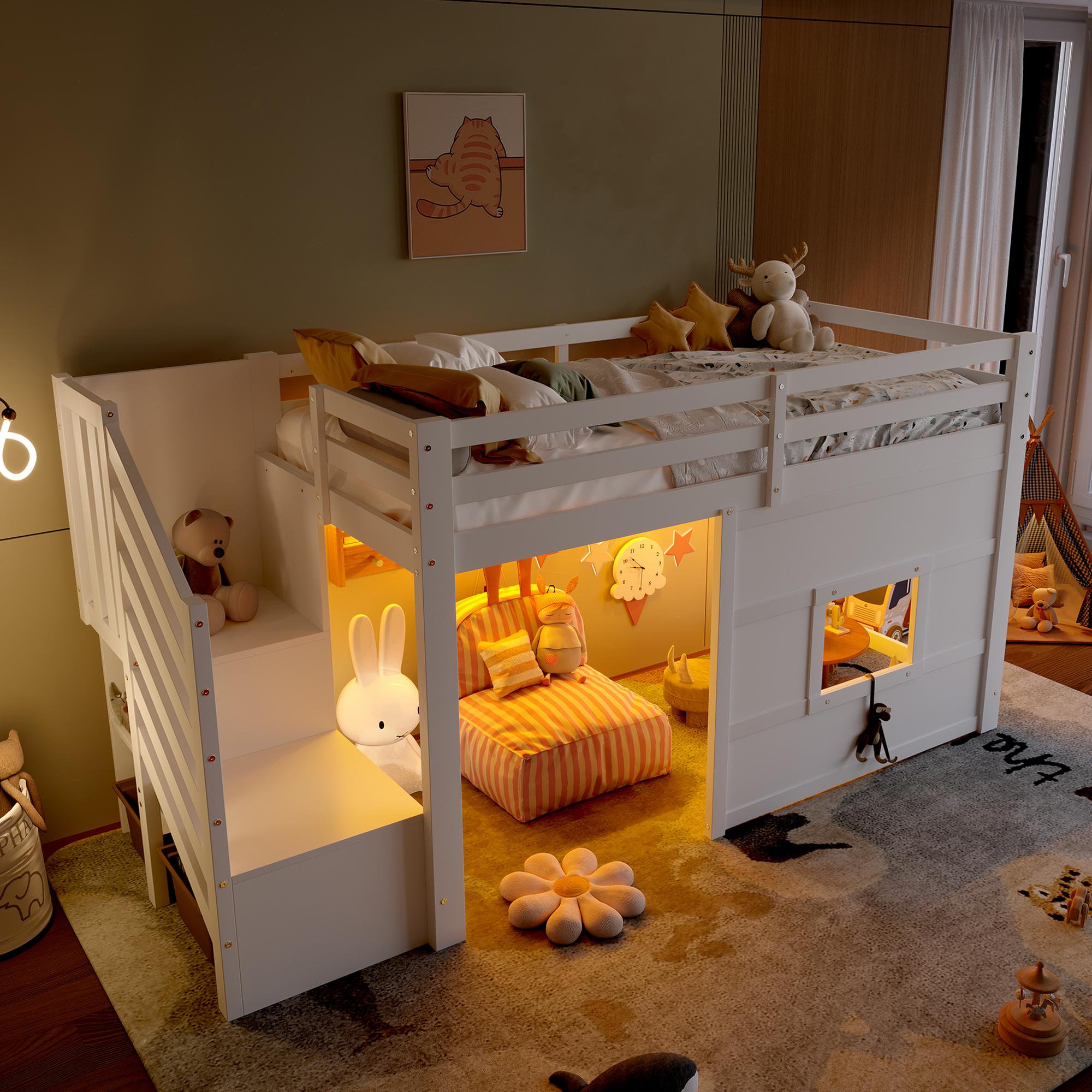 Merax Etagenbett 90x200, mit Fenster, LED, Stauraumtreppe, Sicherheitshandlauf, Hochbett Kinderbett Holzbett, Jugendbett, Stockbett, Weiß