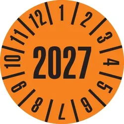 Dreifke® Prüfplakette 2027, orange, Dokumentenfolie, selbstklebend, Ø 25mm, 105/Heft