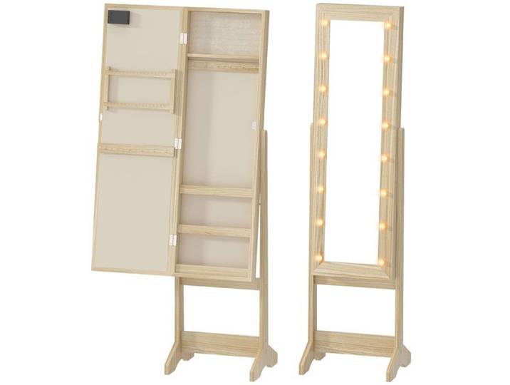 YWJ Armoire Bijoux LED Miroir Entier Debout Angle Réglable Bois Naturel Rangement Organisé