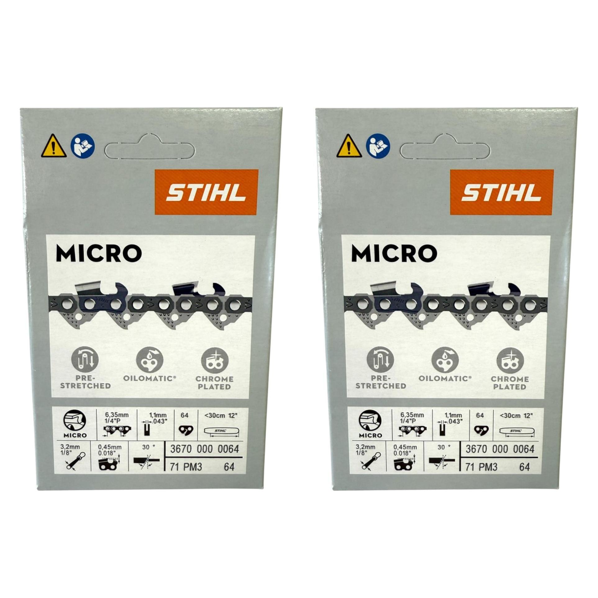 Stihl 2x 1/4" Picco Micro 3 (PM3) Sägekette 30 cm 1/4" P 1,1 mm 64 TG 2 Stück ( 2x 36700000064 ) (Kettensäge) (36700000064)
