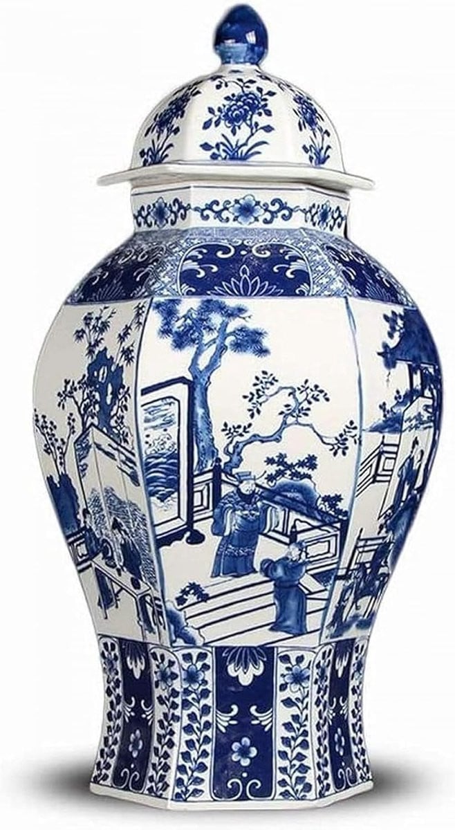 Porseleinen Vaas in Antieke Stijl - Blauw Wit - H 41 cm x B 20 cm