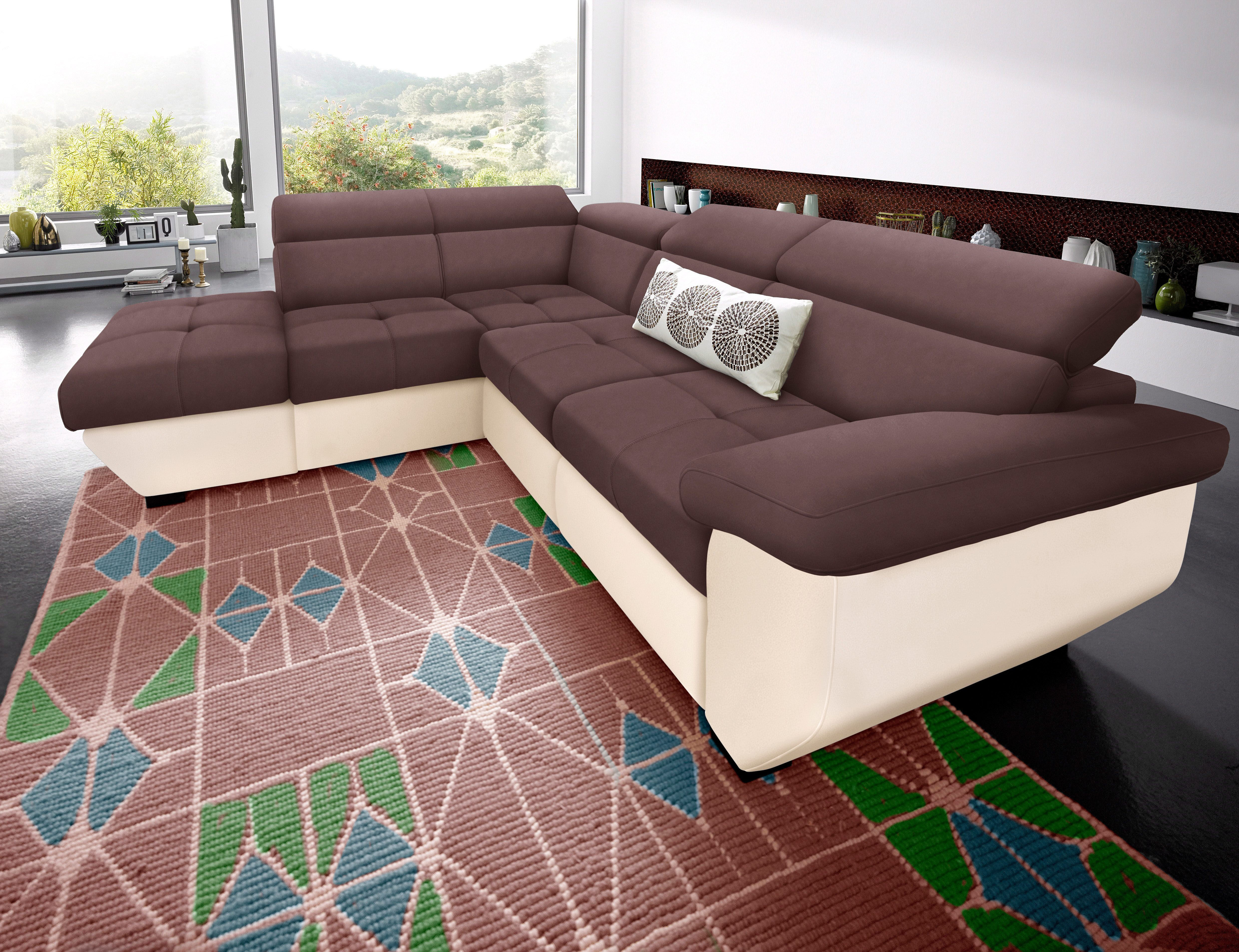 Ecksofa COTTA "Speedway L-Form, B: 262cm, moderne Couch, bequeme Wellenunterfederung", braun (creme, braun), B:262cm H:79cm T:102cm, Kunstleder SOFTLUX / Struktur (100% Polyester);Edles Flachgewebe (100% Polyester) / Feine Struktur (100% Polyester);Kunstl