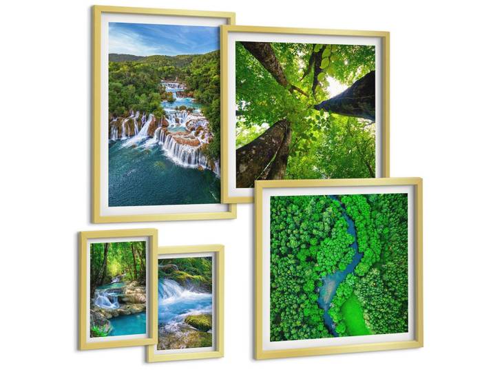 BILDER SET 5er Set - 50x50 cm & 20x30 cm & 40x60 cm Goldrahmen - Strandwellen, Himmelsbrücke, Spaziergang