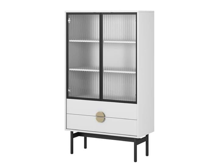 Selsey Vitrine Glas Vitrinenschrank Glasvitrine Wohnzimmer Glastür Niedrig 84 cm 2 Schubladen 3 Fächer Weiß Stoon